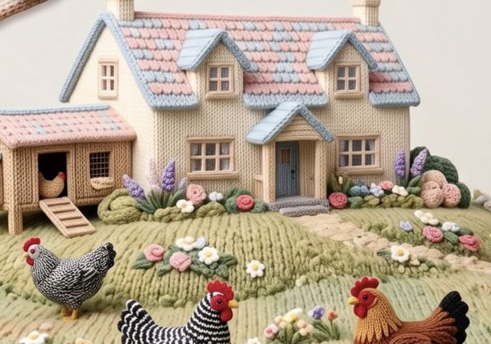 Knitted farmhouse, chook house and yarn hens on sage-green hills